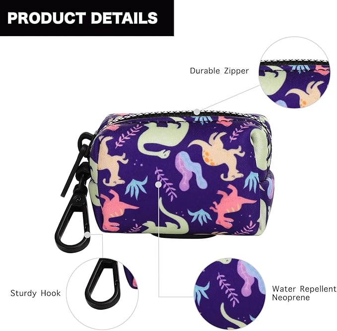 Petmolico Attachment,Waste Bag Dispenser Zippered Pouch, Fits Any Leash, Includes Free Roll of Dog Bags, Poop Bag Dispenser - 2 Packs, Little Dinosaurs