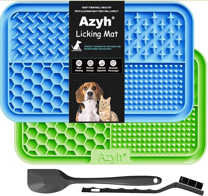 Licking Mat for Dogs & Cats 2 Pack, Slow Feeder Lick Pat for Large Dogs and Puppies, Anxiety Relief Dog Toys Feeding Mat for Butter Yogurt Peanut, Pets Bathing Grooming Training Mat (9.9'' × 6'')