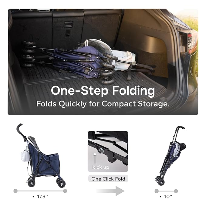 Lightweight 10 lbs Foldable Pet Stroller for Small Dogs & Cats, Easy-Fold Compact, with Adjustable Sun Canopy, Cup Holder, Breathable Mesh, Pad & Storage Bag, Holds 33 lbs, Blue Gray