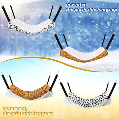 2 Pack Cat Hammock for Cage, Catio Accessories Reversible Soft Cats Bed with Adjustable Straps and Hooks Double-sided Linen and Fleece Hanging Hammock for Cats, Kitten(Zebra and Cat Paw Print,M)
