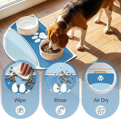 Absorbent Dog Mat for Food And Water, 24''x16'' Non Slip Rubber Base Cat Feeding Mat, Anti-Scratch Cat Mats for Food Bowls for Floors, Large Dog Mat For Bowls Designed for Multiple Pets Families, Blue