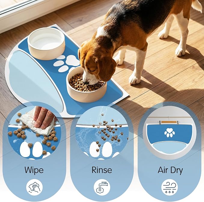 Dog Food Mat Half Round - 28''x17'' Absorbent Mat for Dog Water Bowl, Extra Large Pet Food Mat for Multiple Pets Families, Pet Water Mat Protect Floor, Fit with Automatic Feeders & Double-Bowl, Blue