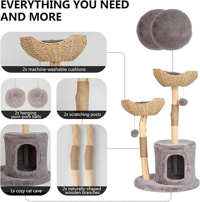 Modern Cat Tree for Indoor Cats Large Adult, 46.5" Tall Wooden Cat Tower for Large Cats with Scratching Post, Luxury Cat Condo, Grey