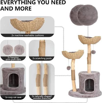 Modern Cat Tree for Indoor Cats Large Adult, 46.5" Tall Wooden Cat Tower for Large Cats with Scratching Post, Luxury Cat Condo, Grey