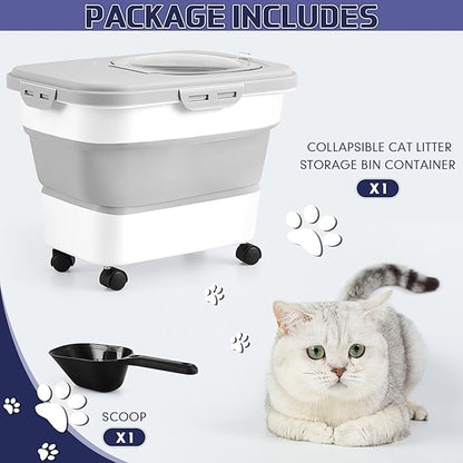 Juexica Collapsible Cat Litter Storage Bin Container with Rolling Casters, 20 Lbs Portable Cat Litter Storage Container with Airtight Lids, Shovel, Kitchen Cereal Rice Leakproof Sealable(Grey, White)
