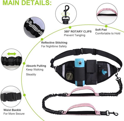 Hands Free Dog Leash, Waist Leash for Dog Walking, Running, Jogging, Waist Leashes with Adjustable Belt, Medium & Large Dogs Running Leashes Hands Free, Dual Padded Handles and Durable Bungee(Pink)