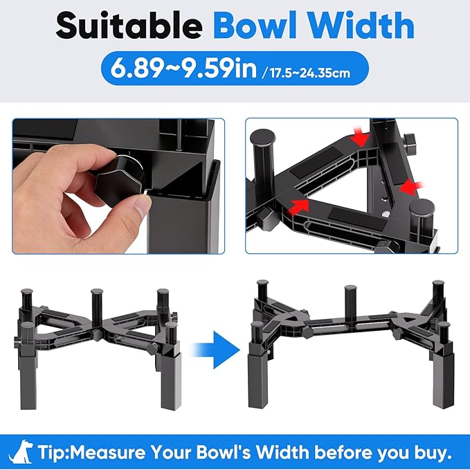 Aystkniet Dog Bowl Stand with Adjustable Height & Width, Anti-Slip Elevated Food Water Bowl Holder for Large Medium Small Dogs, Durable Raised Dog Feeder for Lifted Feeding, Only Stand Without Bowls