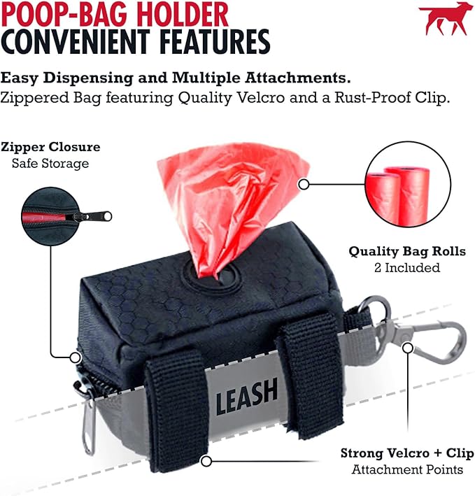 Tuff Pupper Dog Poop Bag Holder | Works with Any Dog Leash | Zippered Waste Bag Dispenser | Waterproof with Rust-Proof Clip | Convenient Lightweight Design | Includes 2 Rolls of Leak-Proof Bags