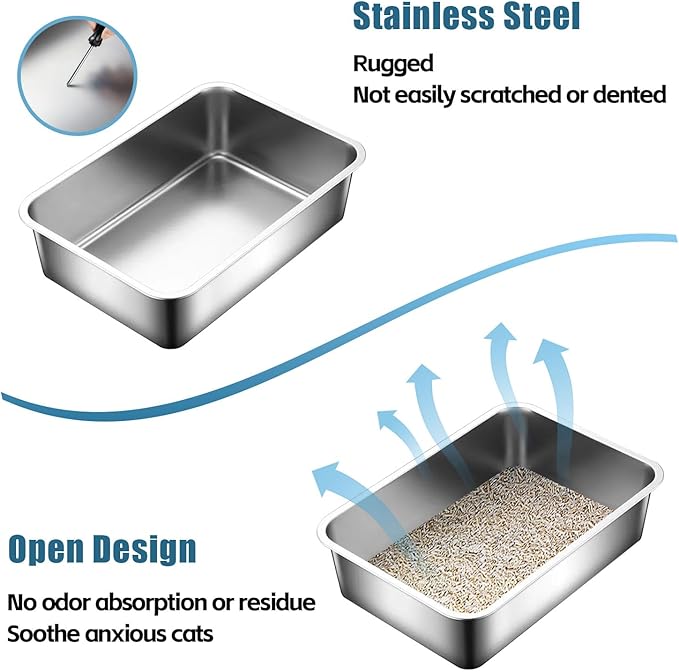 Stainless Steel Cat Litter Box, Metal High Sided Kitty Large Litter Box Pan,Non-Sticky, Easy to Clean, Pet Toilet Supplies for Kitten, Rabbit (Silver, 17.7" x13.8" x6")