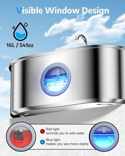 4.2Gal Dog Water Fountain for Large Dogs, 16L Stainless Steel Dog Fountain Water Bowl with Multi-Filtration & Deeper Drinking Tray, Extra Large Pet Water Fountain with Water Window(with 7 Filters)