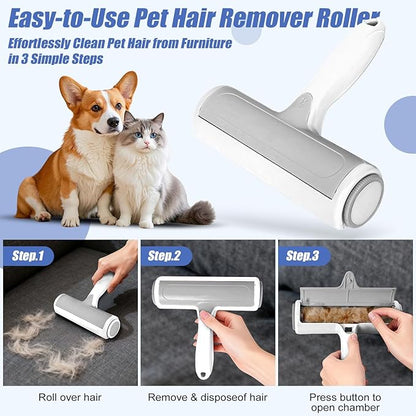 Roller Pet Hair Remover – Reusable Lint Roller for Dog & Cat Hair on Furniture, Couch, Carpet, Rugs, Bedding & Car – Portable, Eco-Friendly (White Gray)