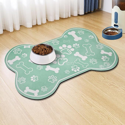 Dog Cat Mat for Food and Water,Rapid Absorbent Pet Feeding Mat, Bone Shaped Dog Placemat Bowl Mat with Rubber Backing,No Stains Pet Food Mats Indoor, Pet Accessories Supplies,Green 17"×29"