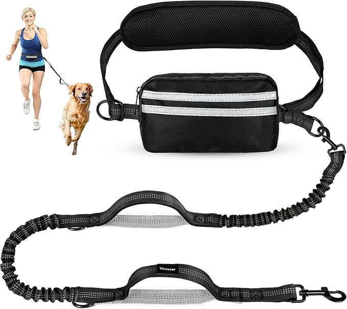 Hands Free Dog Leash, Adjustable Waist Belt with Double Padded Handles, Retractable Bungee for Medium & Large Dog, Running, No Pull,Black Grey