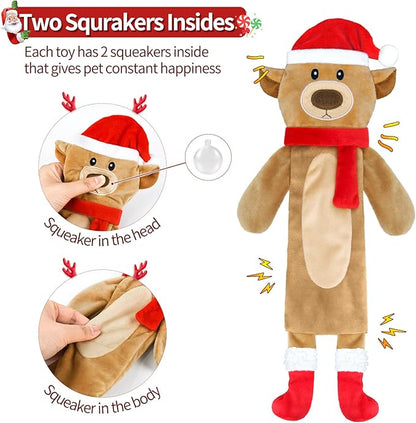 3 Pack Christmas Squeaky Dog Toys, Plush No Stuffing Toy for Dog Puppy, Durable Chew Bite Toys for Small Medium Large Dogs, Interactive Xmas Reindeer, Penguin, Bear for Aggressive Chewers