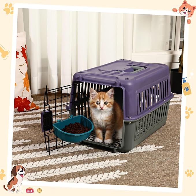2 Set Travel Pet Carriers for Small Cat Dog Plastic Hard Shell Carrier Cat with Bowl Wire Door Grille Mat Portable Breathable Security Lock Puppy Kennel for Travel Airline, 17.5", up to 13lbs(Purple)