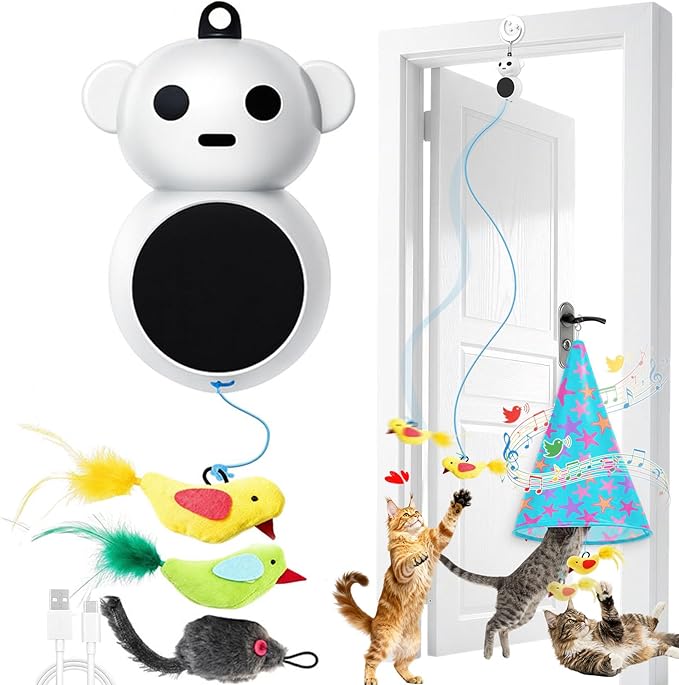 Interactive Cat Toy for Indoor Cats: 2 in1 Automatic Hide and Seek Moving Concealed Flying Bird Wand Feather with Chirping Bird Squeaky, Hanging Rechargeable Exercise Cat Toy for Kittens and Adult Cat