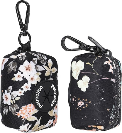 Petmolico Dog Poop Bag Holder Leash Attachment, Waste Bag Dispenser Zippered Pouch - 2 Pack, Fits Any Leash, Includes Free Roll of Bags, Yellow White Blooming