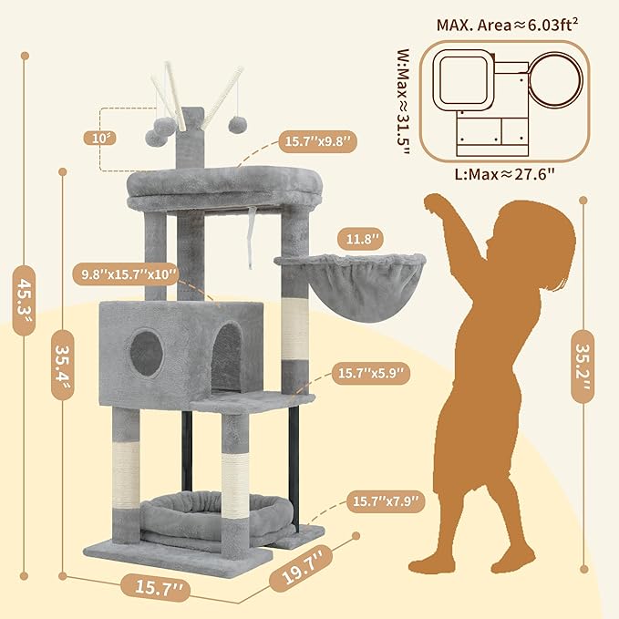 Heybly Cat Tree, 45.3-Inch Cat Tower for Indoor Cats with Large Perch, All-in-One Cat Furniture with Cozy Bed, Hidden Space Cat Condo, Comfy Hammock, Scratching Posts & 3 Pompoms, Light Gray HCT202SW