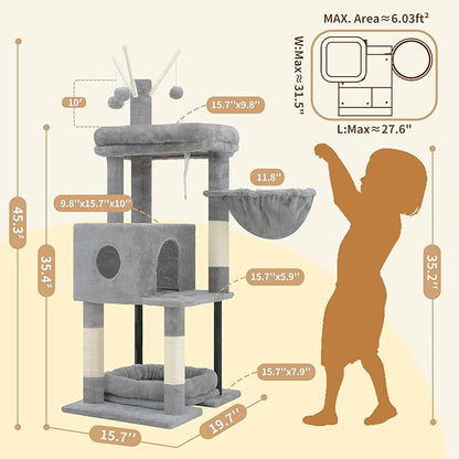 Heybly Cat Tree, 45.3-Inch Cat Tower for Indoor Cats with Large Perch, All-in-One Cat Furniture with Cozy Bed, Hidden Space Cat Condo, Comfy Hammock, Scratching Posts & 3 Pompoms, Light Gray HCT202SW