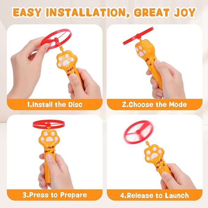 Cat Chase Fetch Toy - Rechargeable Disc Launcher with 6 Flying Spinners - Best Interactive Pet Hunting Toys for Indoor Outdoor Yard Cats Dog (Yellow)
