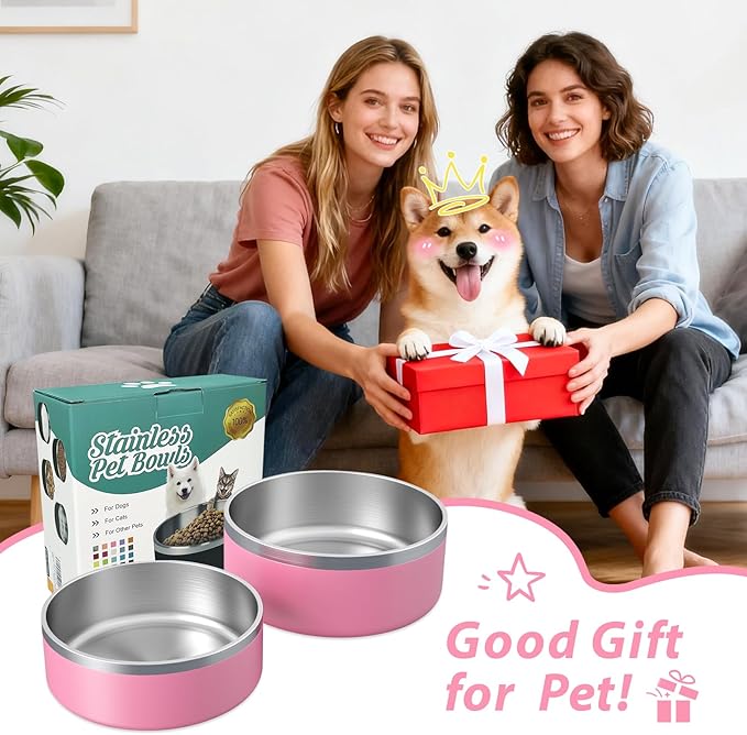 2 Pack Stainless Steel Dog Bowls, Outdoor Dog Water Bowl with Non Slip Rubber Bottom, Dishwasher Safe, Easy to Clean,40oz&64oz Pink