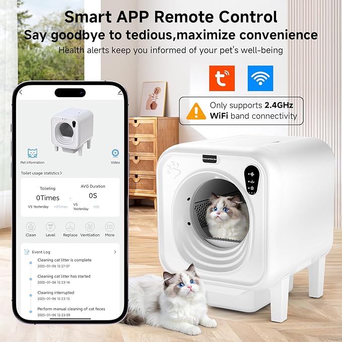 Self Cleaning Litter Box, Extra Large Automatic Cat Litter Box Self Cleaning for Multiple Cats, App Control, Safety Protection, Ultra-Quiet,Includes Trash Bags,White