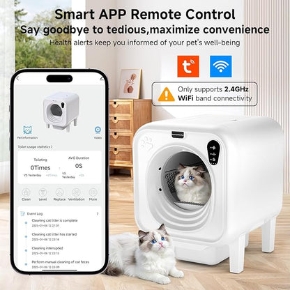 Self Cleaning Litter Box, Extra Large Automatic Cat Litter Box Self Cleaning for Multiple Cats, App Control, Safety Protection, Ultra-Quiet,Includes Trash Bags,White