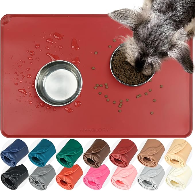 VIVAGLORY Dog Food Mat Flexmat Dog Bowl Mat, Placemat Food Tray with Raised Edges & Lip for Indoor Floor, Non Slip Waterproof Silicone Dish Placemat for Cat & Pet, L, Burgundy