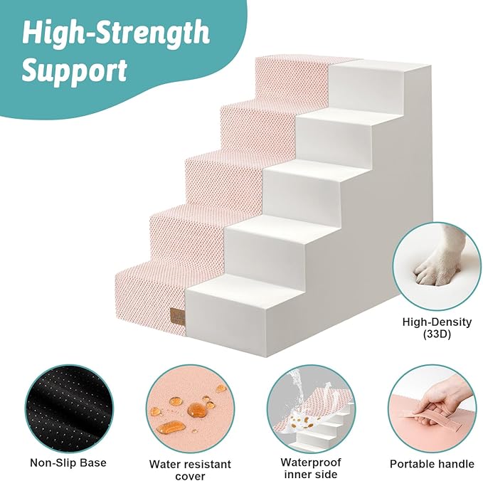 Dog Stairs for Small Dogs 5-Step, 19.7" Extra Wide Right-Angle Pet Stairs for Couch and Beds, Anti-Slip Dog Steps for Old Cats and Lowrider, 19.7x29.5x23.6 inch, Pink