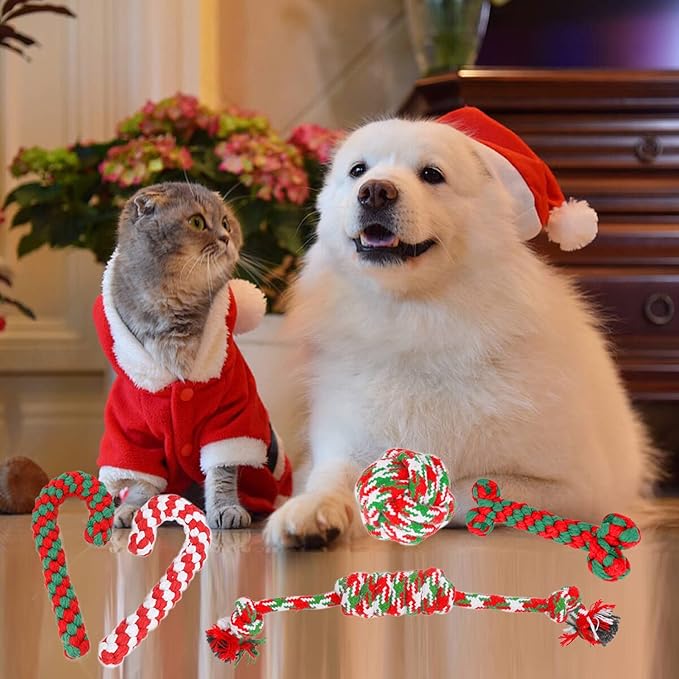 Christmas Dog Rope Toys 6 Pack - Pet Chew Toys Set for Aggressive Chewers Small Medium Dogs Puppy Large Breed Interactive Dog Ball Toys Training Playing Teeth Cleaning, for Xmas Party Indoor Outdoor