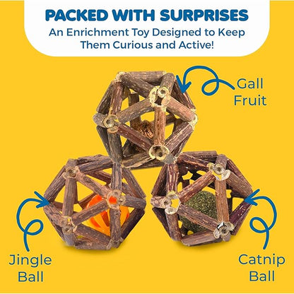 SunGrow Silverine Balls for Cats, Engaging and Interactive Pet Enrichment, Gall Fruit, Catnip, Bell Ball, Cool Pal Feline Toy, Christmas Stocking Stuffers, Brown, 2.5” (Diameter), 3 Pieces per Set 