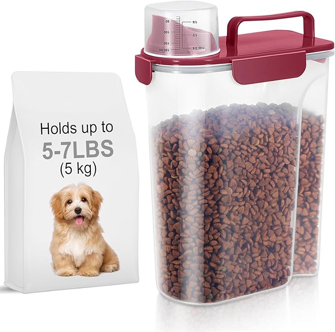 5-7Lbs Dog Cat Food Storage Container with Upgraded Large Nozzle BPA-free, 4 Snap Seals Plastic Pet Food Storage Containers with Handles (Elegant Red, 5L-1pack)