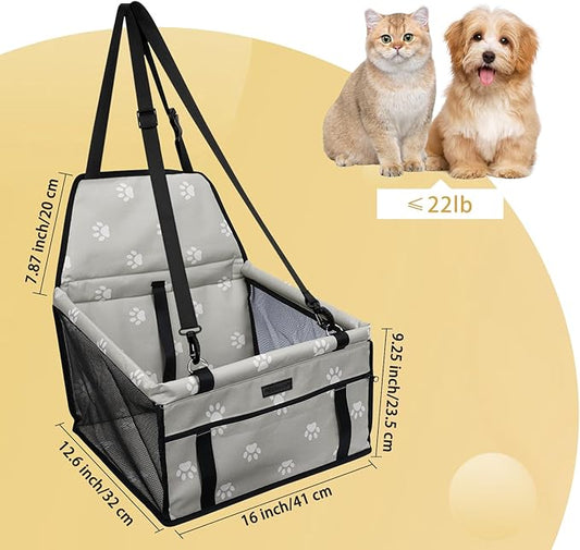PetsHome Dog Car Seat Foldable Dog Car Booster Seat Waterproof Breathable Oxford Travel Bag for Small to Medium Dogs, Puppies, and Pets-Footprint Grey