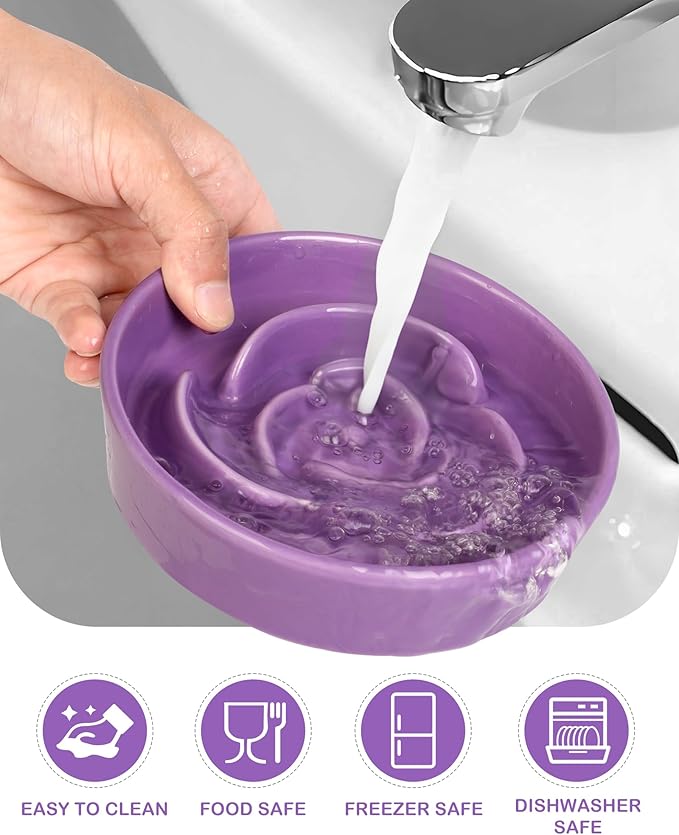 TRUVIC Ceramic Slow Feeder Dog Bowls, 1.5 Cup Puzzle Slow Feeder Bowls for Fast Eaters, Ceramic Dog Food Dish no Black Chin, Puzzle Bowl for Medium Dogs, Purple