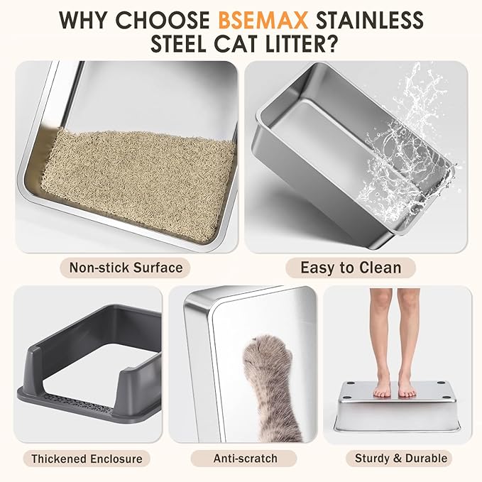 Stainless Steel Litter Box with Lid: Metal Cat Litter Box for Small Cats with Scoop, High Sided Kitty Litter Pan Tray, 17.4'' x 13.5'' x 8.5'', Non-Stick, Anti-Leakage, Easy Cleaning (Dark Gray)