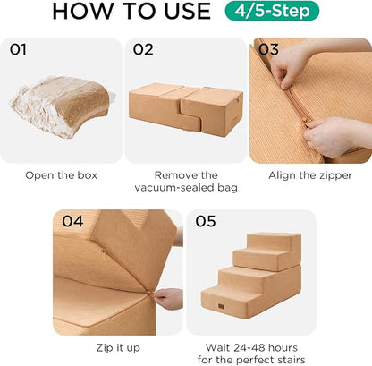 Made4Pets Dog Steps for Bed, Extra Wide Dog Stairs for High Bed Couch Sofa, 35D Foam Pet Steps for Small Dogs and Cats(Up to 40lbs), Non-Slip Bottom Pet Stairs, Tan, 4 Steps