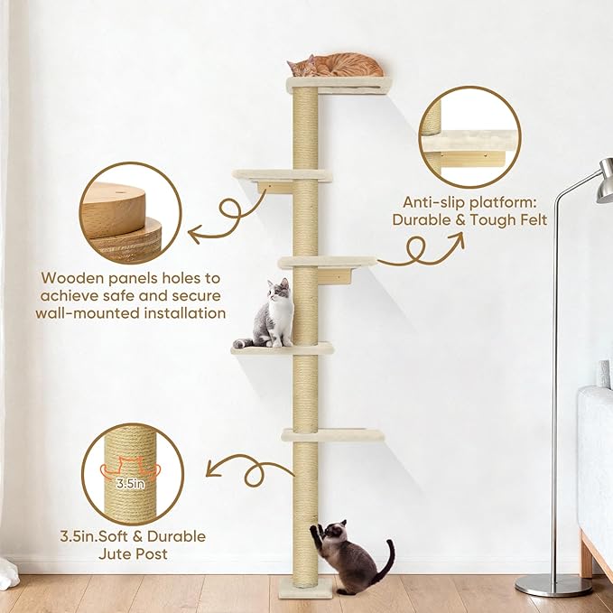 PAWSCRAT Wall-Mounted Cat Tree, 5 Tier Floor to Ceiling Cats Tower, 80 Inch Wall-Mounted Cat Scratching Post, Space Saving Cat Furniture and Easliy Climb for All Cats, Beige