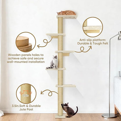 PAWSCRAT Wall-Mounted Cat Tree, 5 Tier Floor to Ceiling Cats Tower, 80 Inch Wall-Mounted Cat Scratching Post, Space Saving Cat Furniture and Easliy Climb for All Cats, Beige