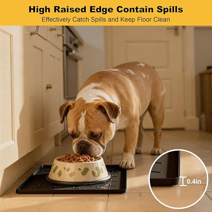 Pieviev 16''x12'' Dog Cat Food Bowl Mat, Silicone Waterproof Food Grade Pet Food Mat for Floor, High Raised Edge to Prevent Spills, Non-Slip & Easy Clean Pet Placemat for Dog & Cat Bowls, Black