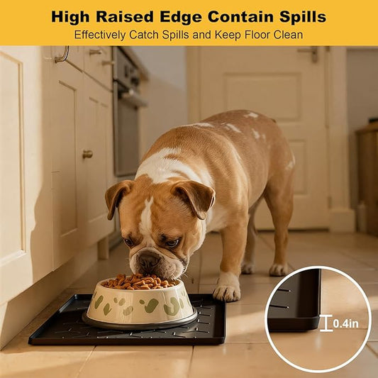 Pieviev 16''x12'' Dog Cat Food Bowl Mat, Silicone Waterproof Food Grade Pet Food Mat for Floor, High Raised Edge to Prevent Spills, Non-Slip & Easy Clean Pet Placemat for Dog & Cat Bowls, Black