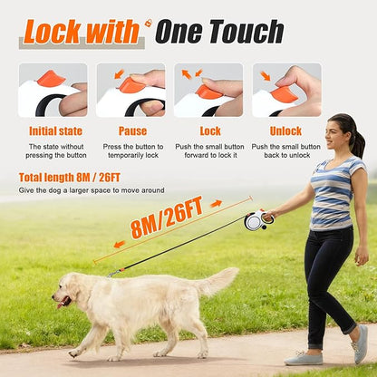 BIGNADO 26ft/8m Retractable Dog Leash with Poop Bag Holder for Medium Large Dogs Up to 110lbs/50kg, Heavy Duty Dog Walking Leash with Anti-Slip Grip, No-Tangle Leashes, One-Handed Lock - White
