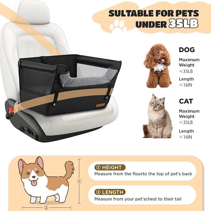 BONTHEE Elevated Dog Car Booster Seat for Dogs & Cats up to 35LB, 6-Inch Memory Foam Pet Booster Seat, Side Breathable Mesh,Portable Travel-Safe Bed for Cars,Elevated Car Seat for Small Medium Dogs