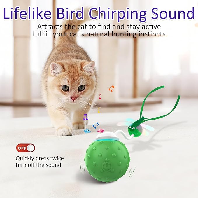 Interactive Cat Ball Toy, Fast Moving Cat Toys for Indoor Cats-with Dragonfly & Feather Tails,Automatic Motion Activated, Realistic Squeak Sound for Exercise Stimulation (Green)