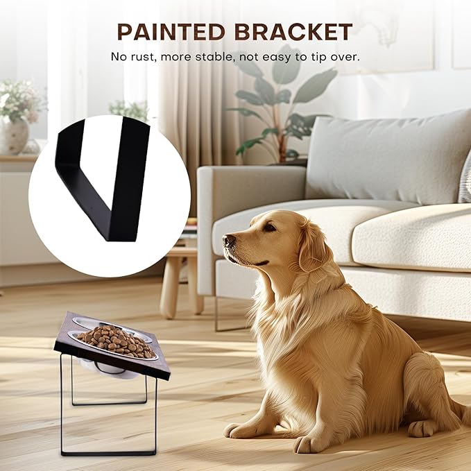 Elevated Dog Food and Water Bowl Set, Large Dog Bowl with Stand, Rustic Wooden Raised Feeder with Stainless Steel Bowls, Tilted Design for Medium and Large Dogs (Black)