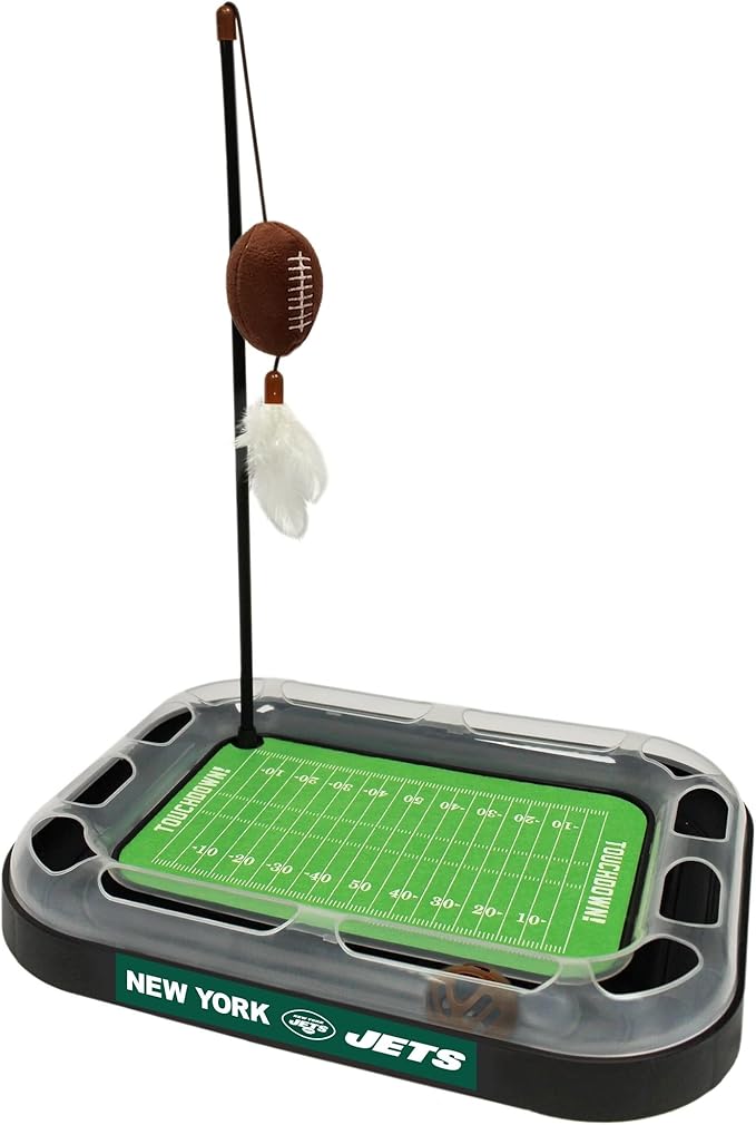 Cat Scratching Pets First NFL New York Jets Football Field CAT Scratcher Toy with Catnip Filled Plush Football Toy & Feather Cat Toy Hanging & Jingle Bell Interactive Ball Cat Chasing 5-in-1 Kitty Toy