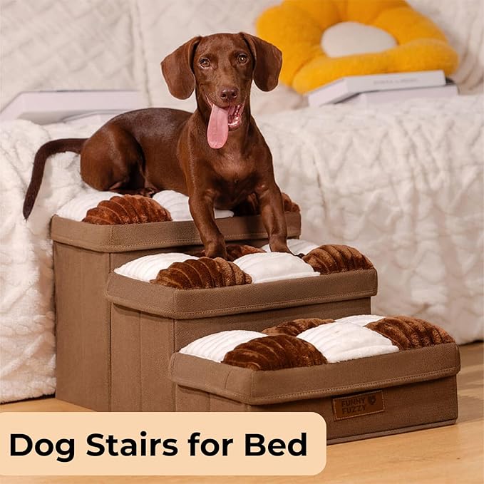 FUNNYFUZZY Dog Stairs with Storage 13“H,Foldable 3-Step Pet Steps for Small Medium Dogs with Sturdy Stylish Cover,Dog Steps for Couch Sofa and Chair,Non-Slip, Indoor,Brown