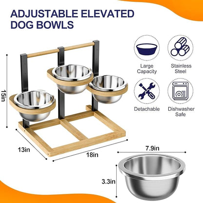 handrong Elevated Dog Bowl,5 Height Adjustable Raised Dog Bowl,Dogs Food Bowls Stand Feeding Station with 3 Food and Water Bowls for Medium,Large Dogs