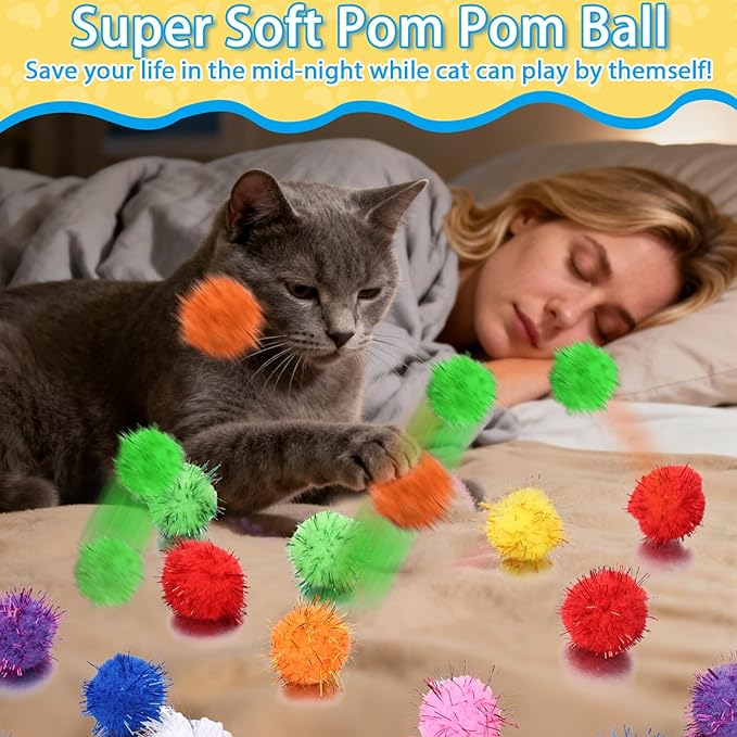 Mity rain 101PCS Cat Ball Launchers & Pom Pom Balls Interactive Cat Toy Set – Safe Soft Plush Kitten Toys for Indoor Cats, Fun Kitten Toys for Endless Active Play (Shining)