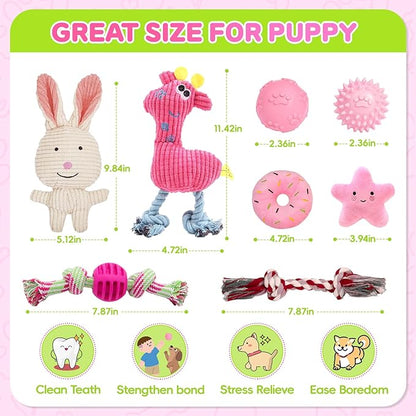 8 Pack Luxury Puppy Toys for Teething Small Dogs, Puppy Chew Toys with Squeaky Dog Toys, Balls and Rope Dog Chew Toys, Dog Toys to Keep Them Busy (Pink, 8-Pack)