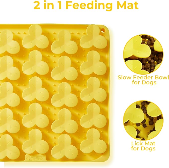 Puzzle Feeder Snuffle Mat for Dogs, Lick Mat to Slow Down Eating, Puzzle Toys for Large and Medium Breed Dogs, Silicone Bowls for Dry, Wet, Raw Food, Yellow